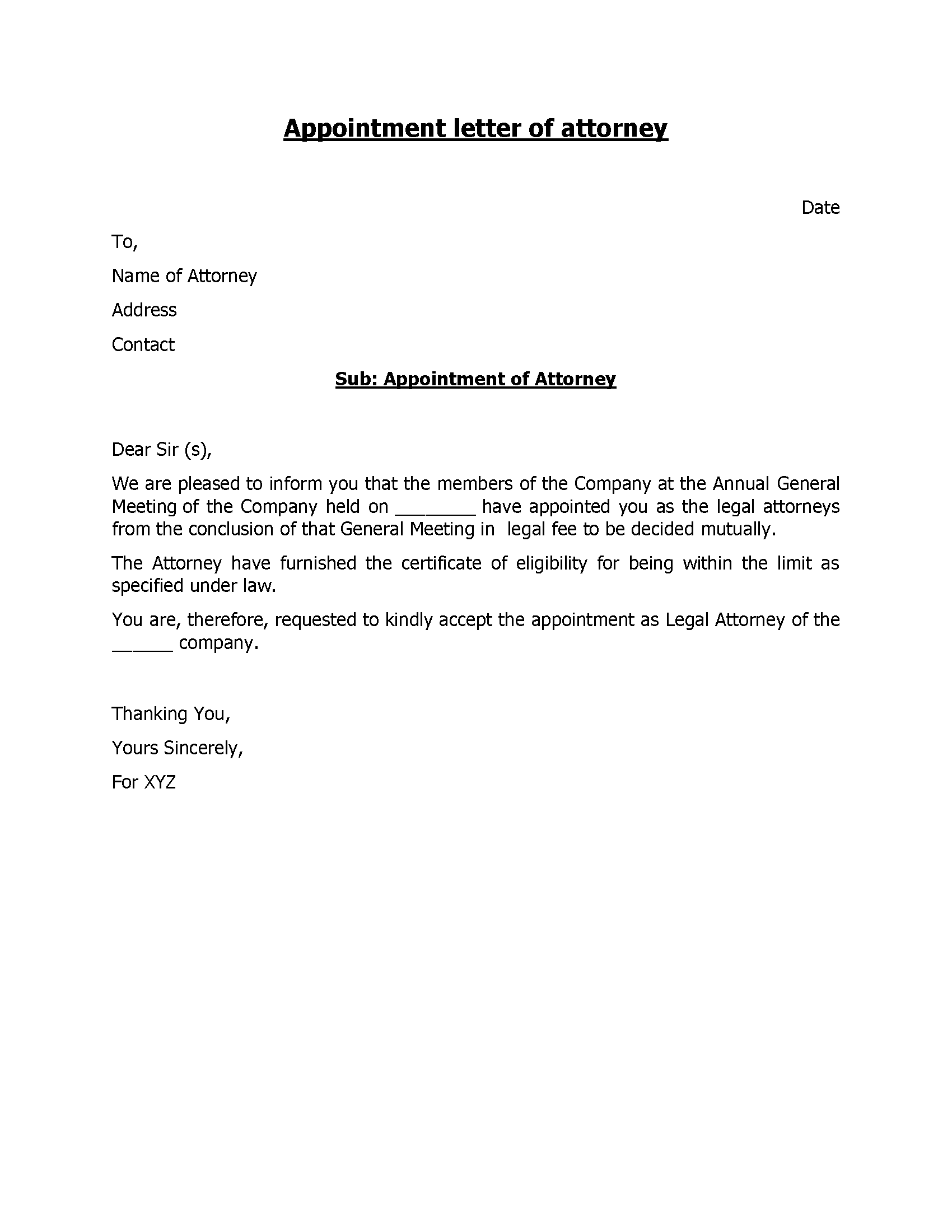 Appointment Letter Of Attorney